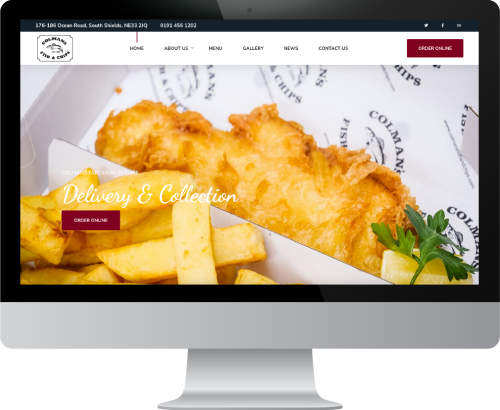 Colmans Fish and Chips South Shields Homepage on Large Monitor Mockup Website Design and Website Hosting